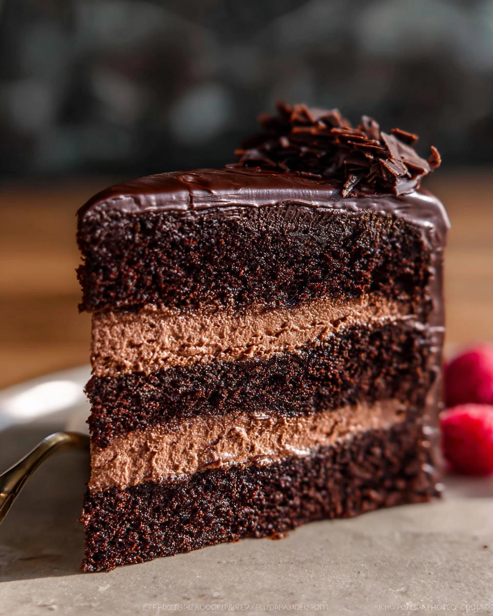 Close-up of a decadent slice of Chocolate Mousse Layer Cake showing dark chocolate cake layers and lighter mousse filling.