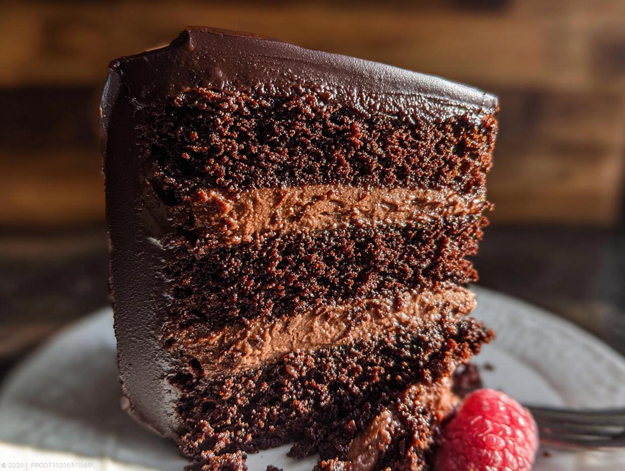 A close-up view of a decadent slice of Chocolate Mousse Layer Cake showing three dark chocolate cake layers and two mousse fillings.