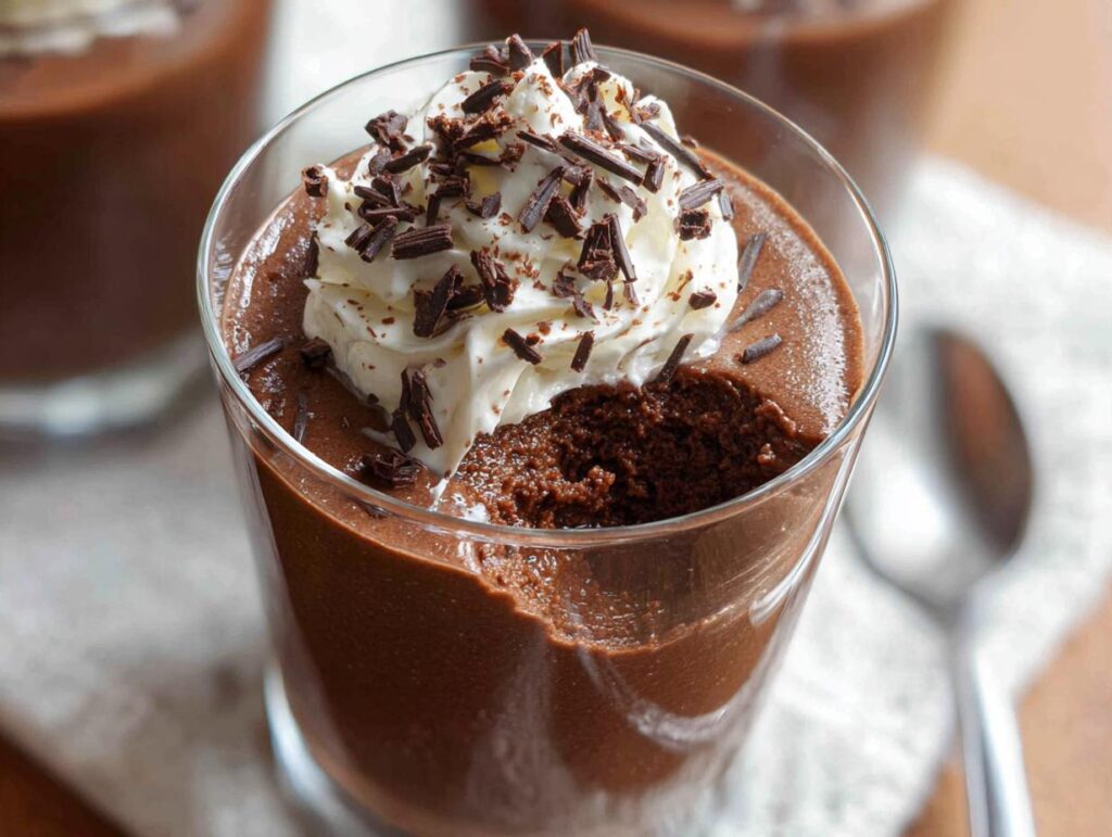 Close-up of a serving of rich Chocolate Mousse topped with whipped cream and chocolate shavings.
