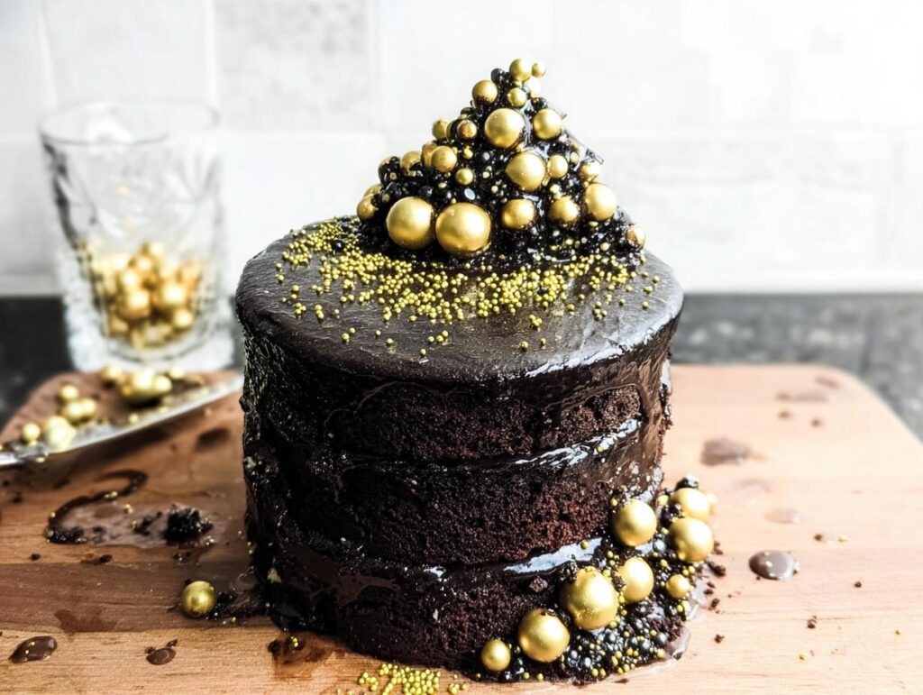 A rich, three-layer dark chocolate cake covered in ganache, decorated with gold and black edible spheres, perfect for New Year’s Eve Cakes.