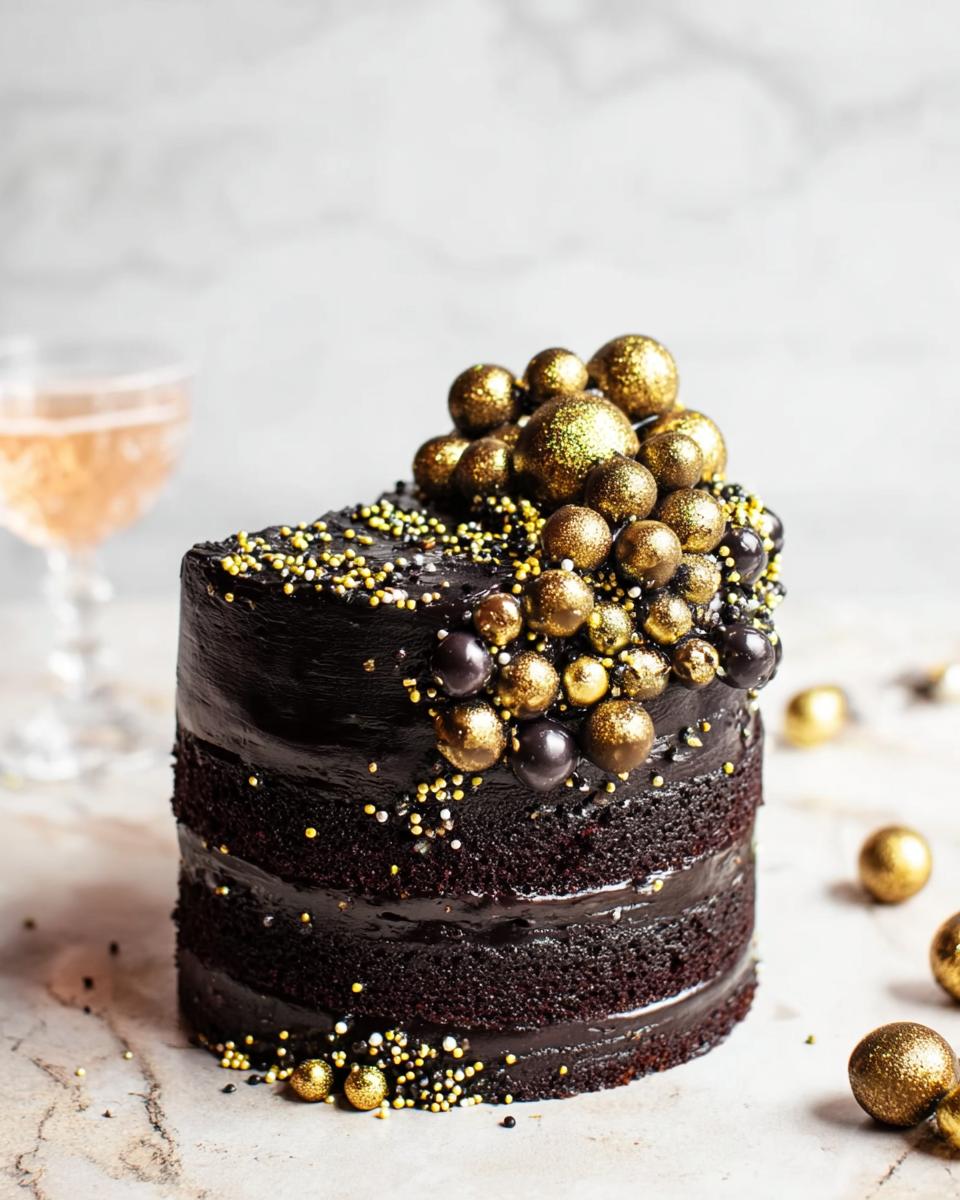 A slice of dark chocolate New Year’s Eve cake decorated with gold and black edible spheres and sprinkles.