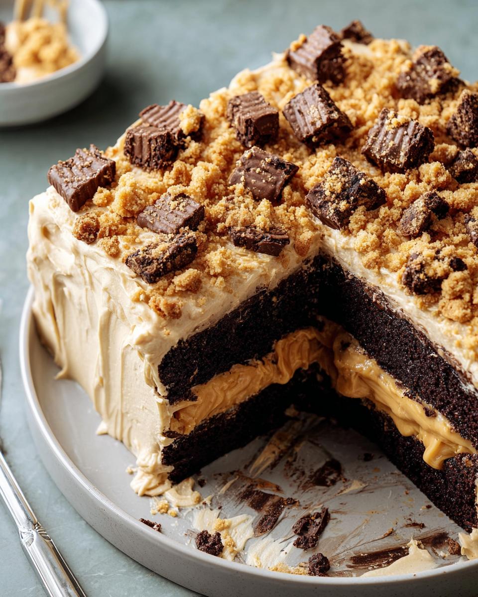 Slice removed from a rich chocolate cake with peanut butter filling, frosted in tan icing, and topped with crumbs and chopped peanut butter cups for a Box Mix Glow-Up.