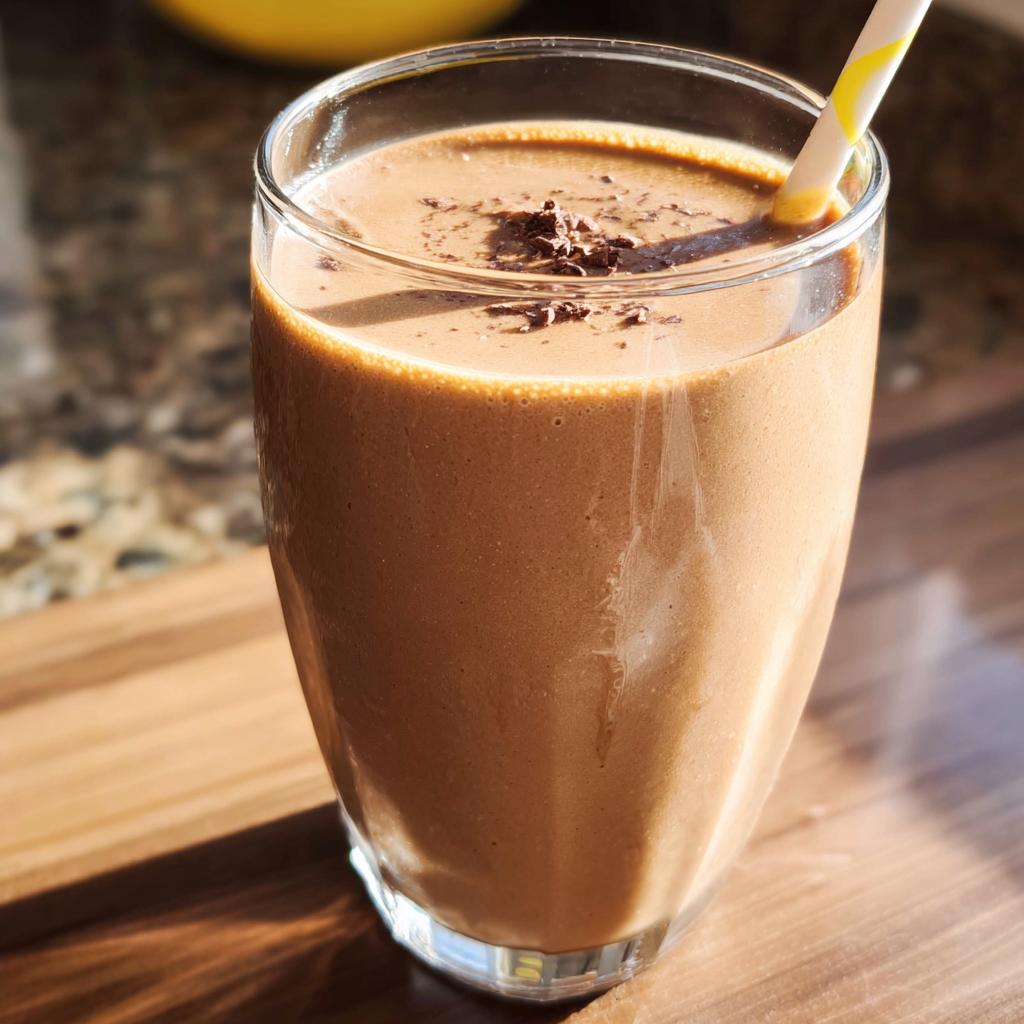 A thick, creamy Chocolate Peanut Butter Smoothie served in a clear glass with chocolate shavings on top.