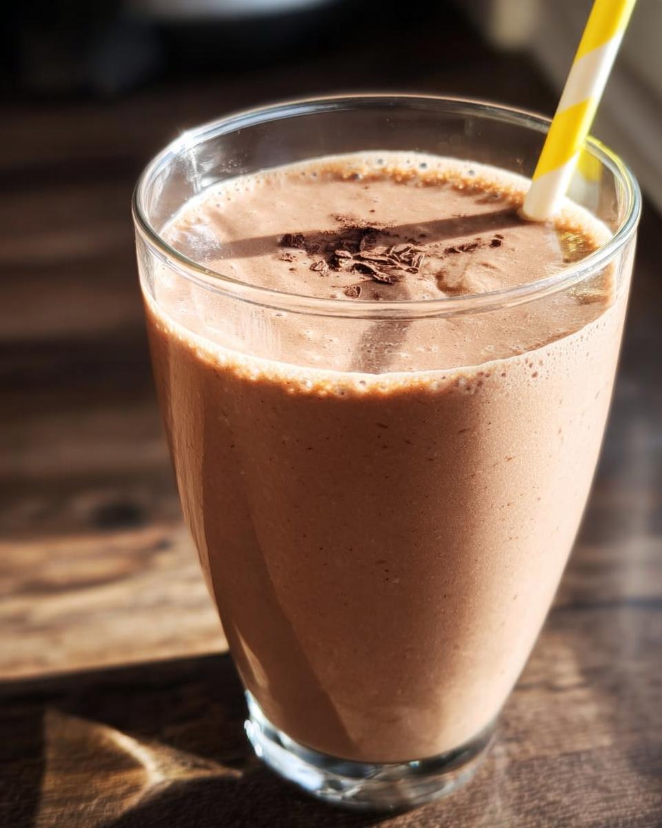 A thick, creamy Chocolate Peanut Butter Smoothie topped with chocolate shavings and a yellow striped straw.