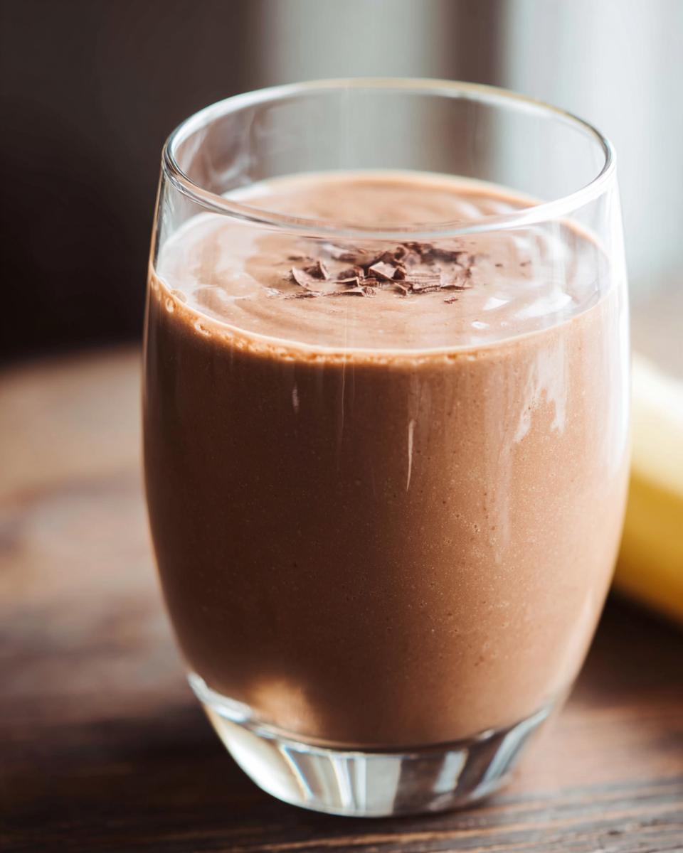 A close-up of a thick, creamy Chocolate Peanut Butter Smoothie topped with chocolate shavings.