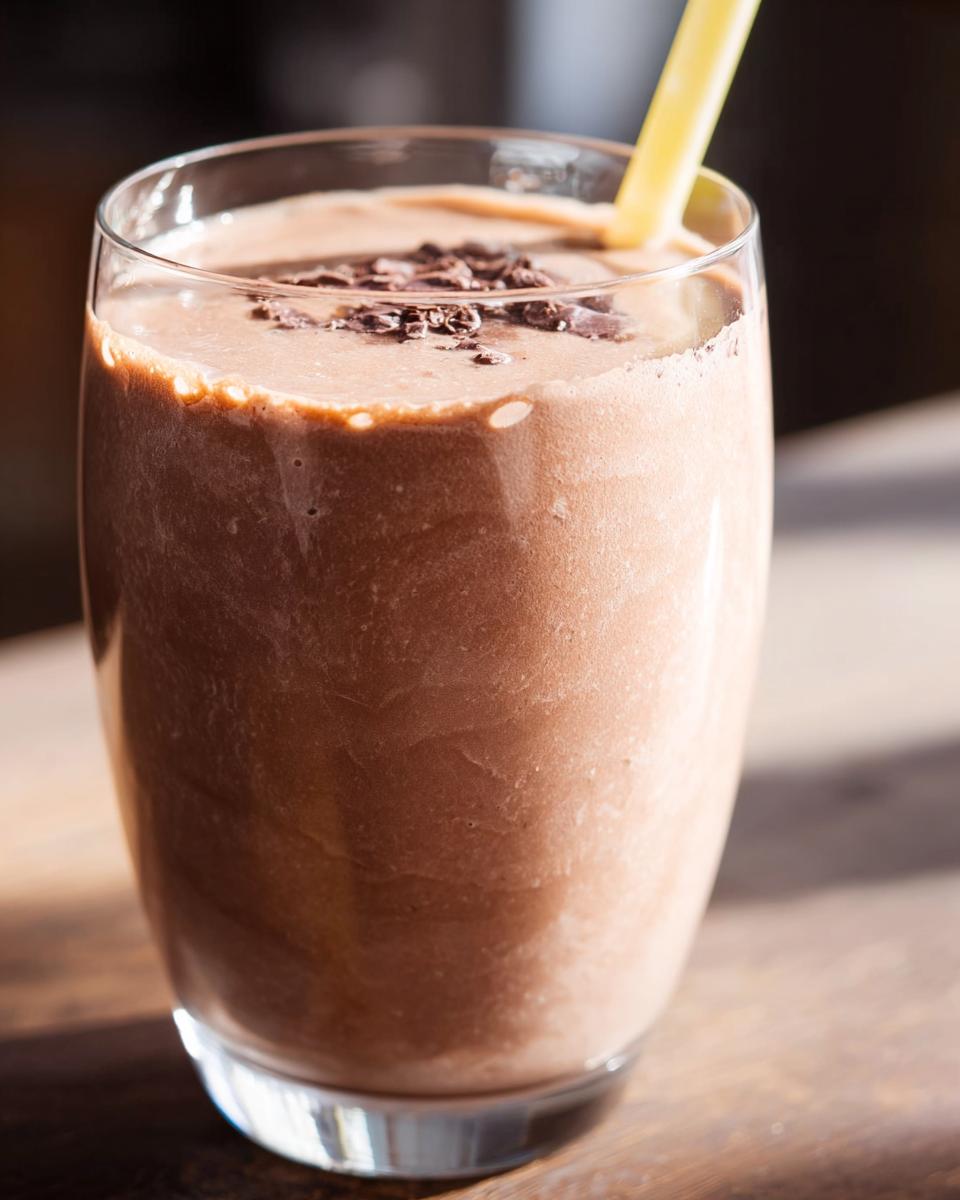 A close-up of a thick Chocolate Peanut Butter Smoothie topped with chocolate shavings and a yellow straw.