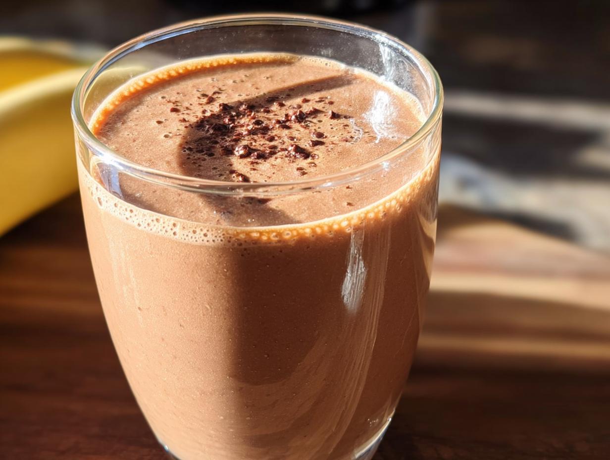 A close-up of a thick Chocolate Peanut Butter Smoothie topped with chocolate shavings in a clear glass.