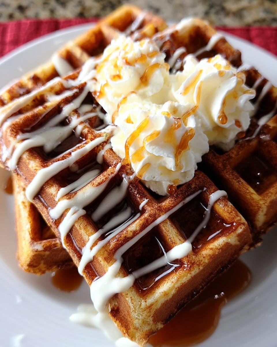 Close-up of two golden Cinnamon Roll Waffles topped with cream, white icing drizzle, and caramel sauce.