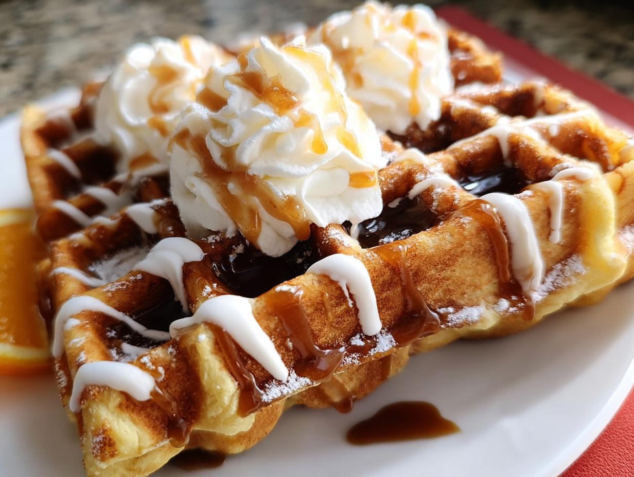 Close-up of a golden Cinnamon Roll Waffles topped with whipped cream, icing, and caramel drizzle.