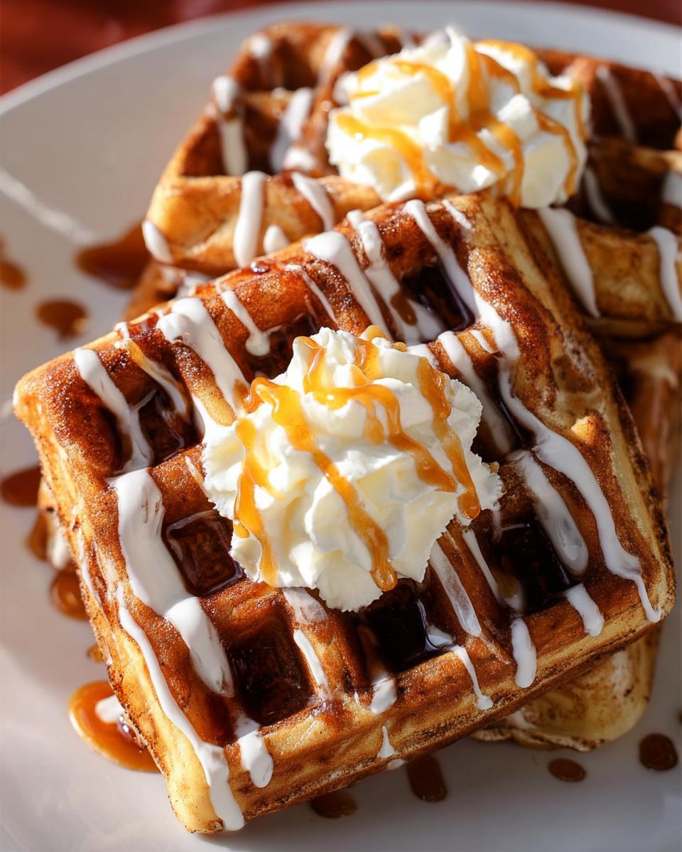 Close-up of stacked Cinnamon Roll Waffles topped with white icing, whipped cream, and caramel drizzle.