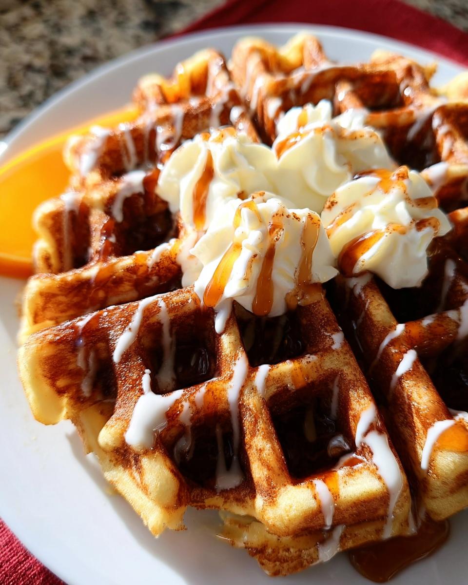Close-up of golden Cinnamon Roll Waffles topped with whipped cream, vanilla icing, and caramel drizzle.