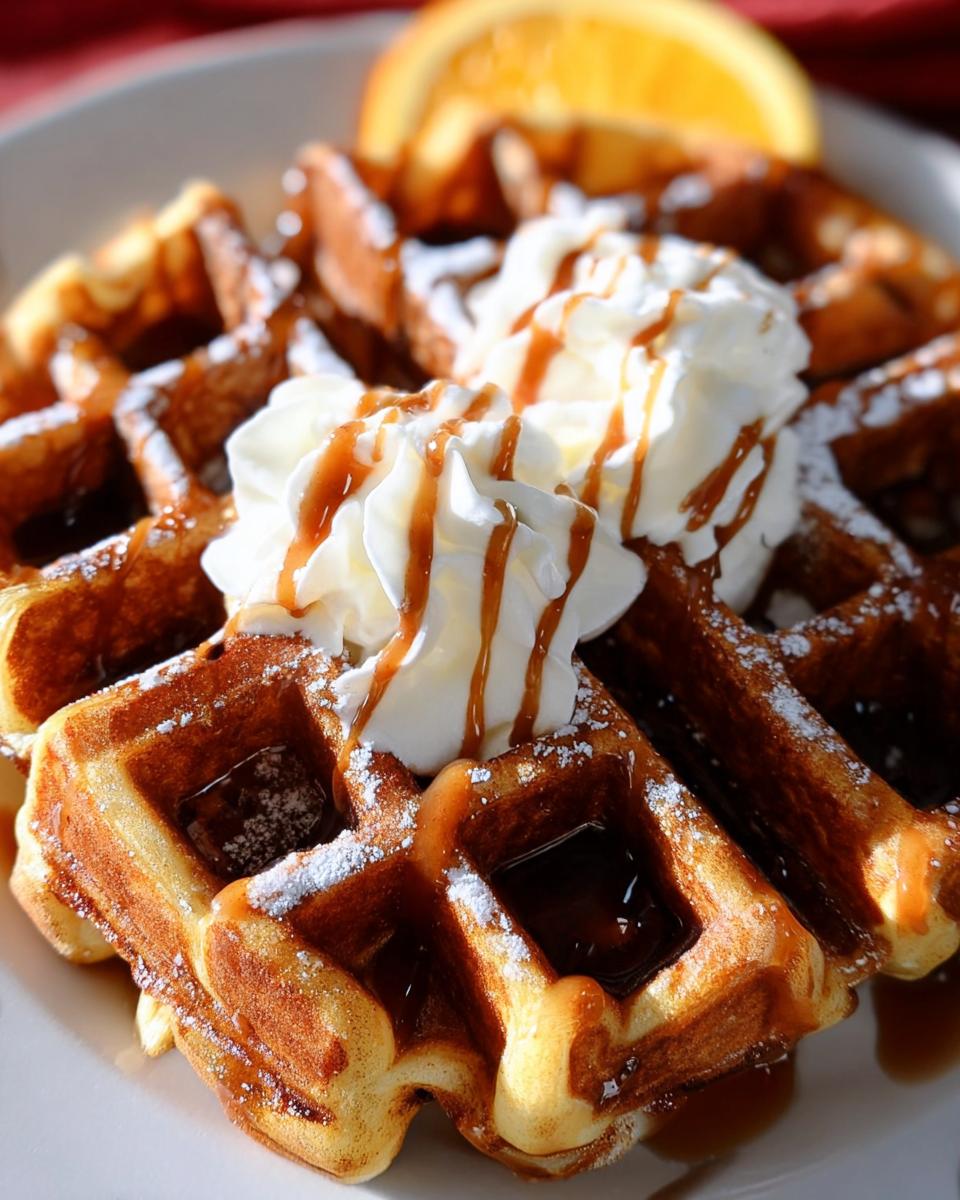 Close-up of golden Cinnamon Roll Waffles topped with whipped cream, caramel drizzle, and powdered sugar.
