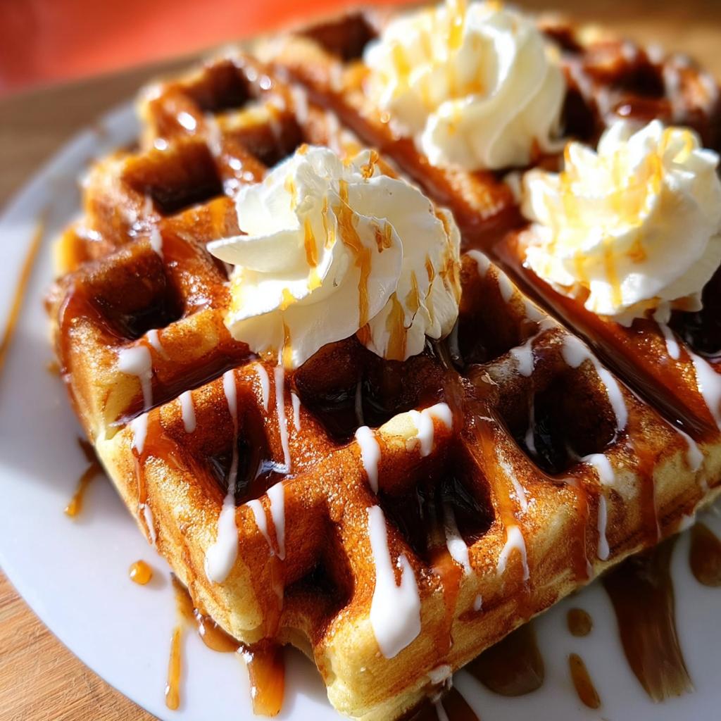 Close-up of a golden Cinnamon Roll Waffles topped with whipped cream and caramel drizzle.