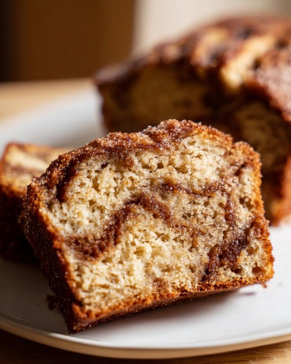 Close-up of a moist slice of Cinnamon Swirl Banana Bread showing the dark cinnamon swirl pattern and sugary crust.