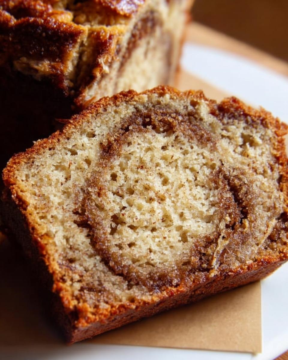 A close-up slice of moist Cinnamon Swirl Banana Bread showing a rich, brown cinnamon swirl pattern throughout the crumb.