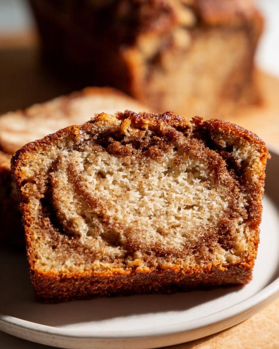 A close-up shot showing the moist interior and rich cinnamon swirl of Cinnamon Swirl Banana Bread.