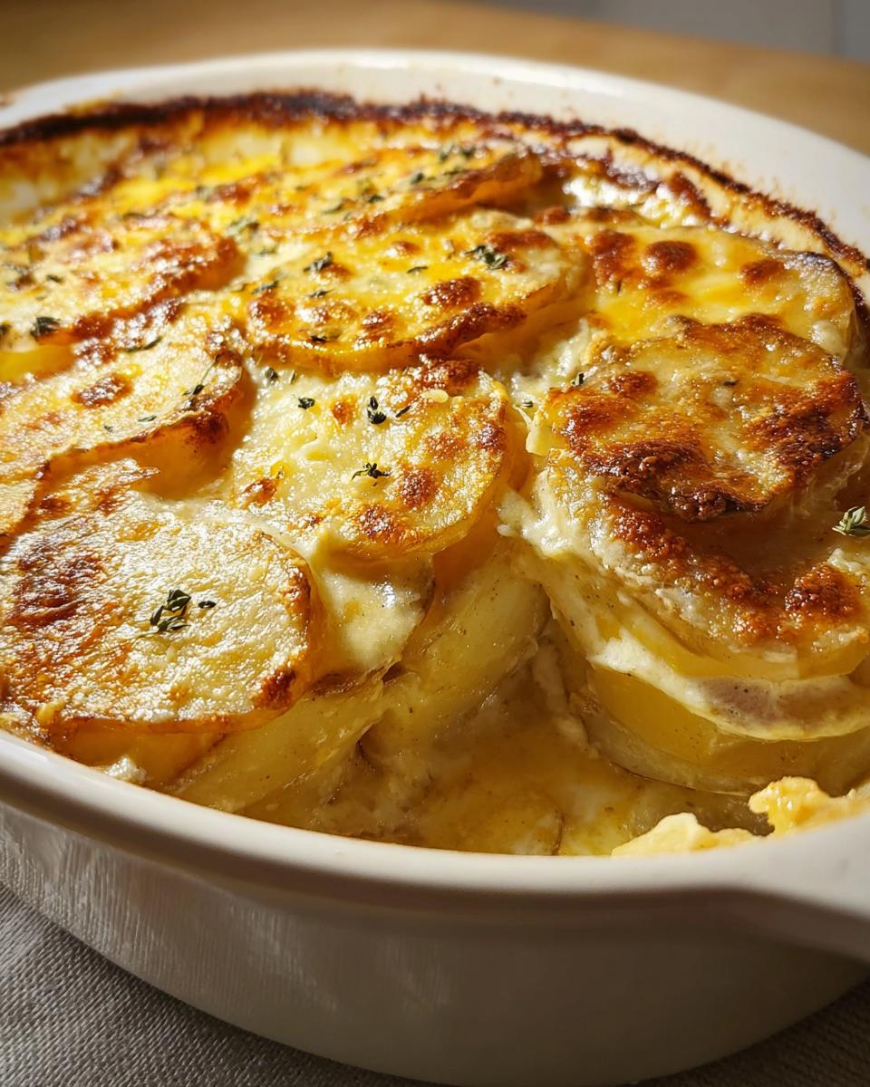 Close-up of golden-brown, cheesy Classic Au Gratin Potatoes bubbling in a white baking dish.