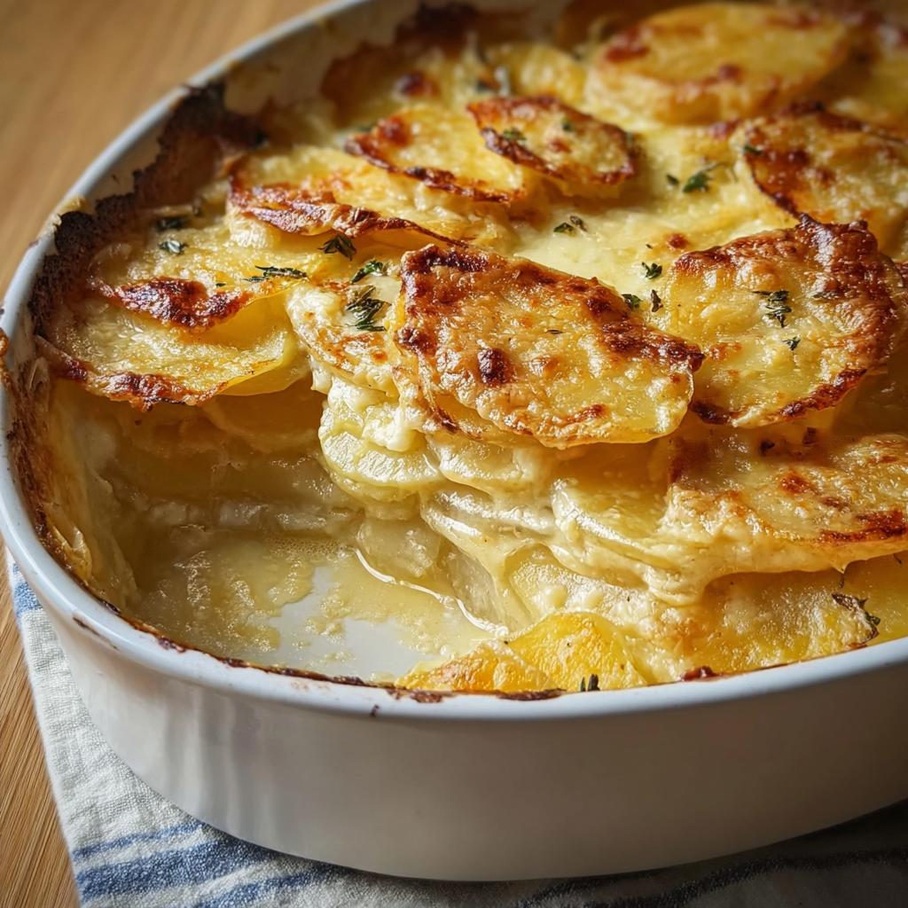 Close-up of creamy, layered Au Gratin Potatoes with a golden, cheesy, and slightly browned top.