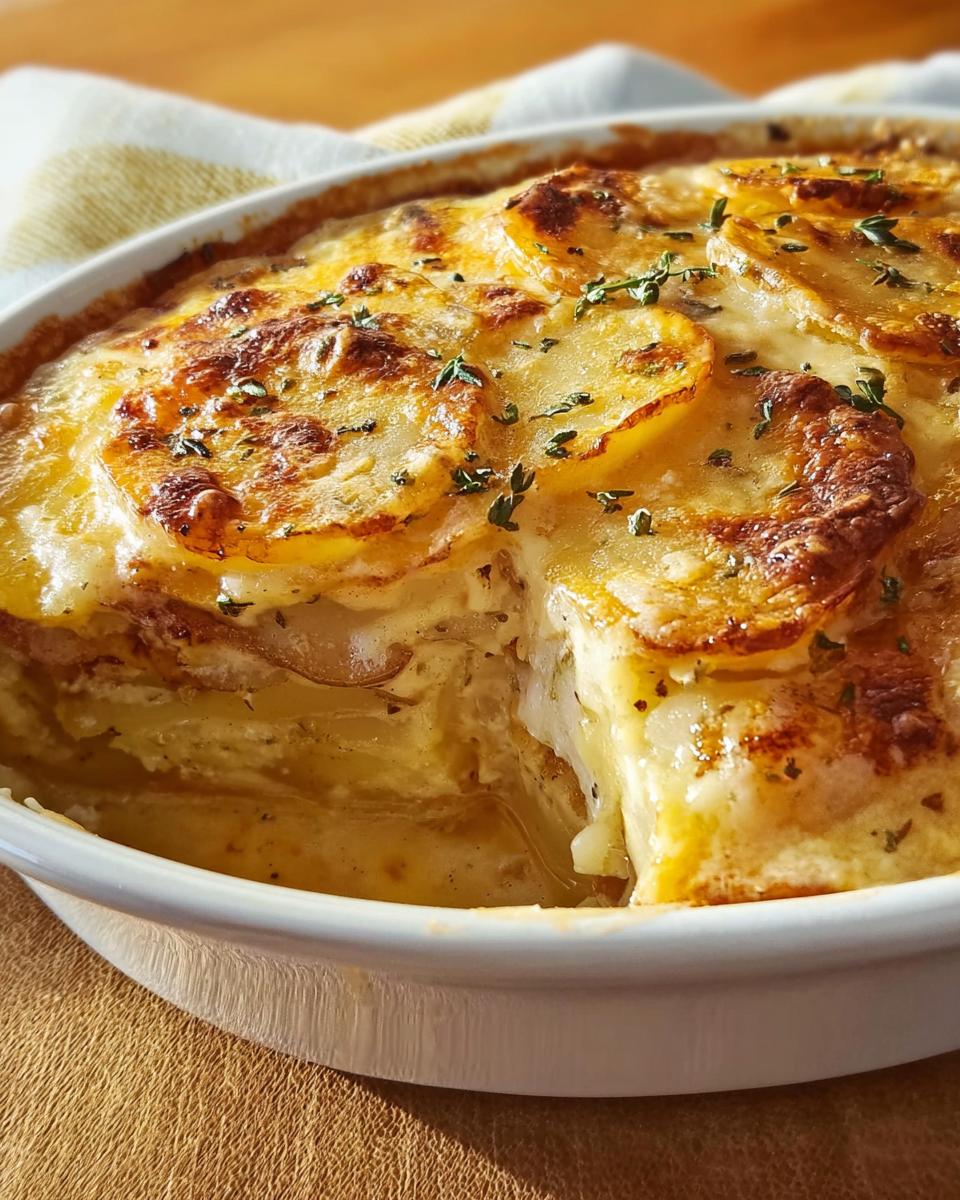 Close-up of creamy Au Gratin Potatoes with a browned, cheesy top garnished with fresh thyme.