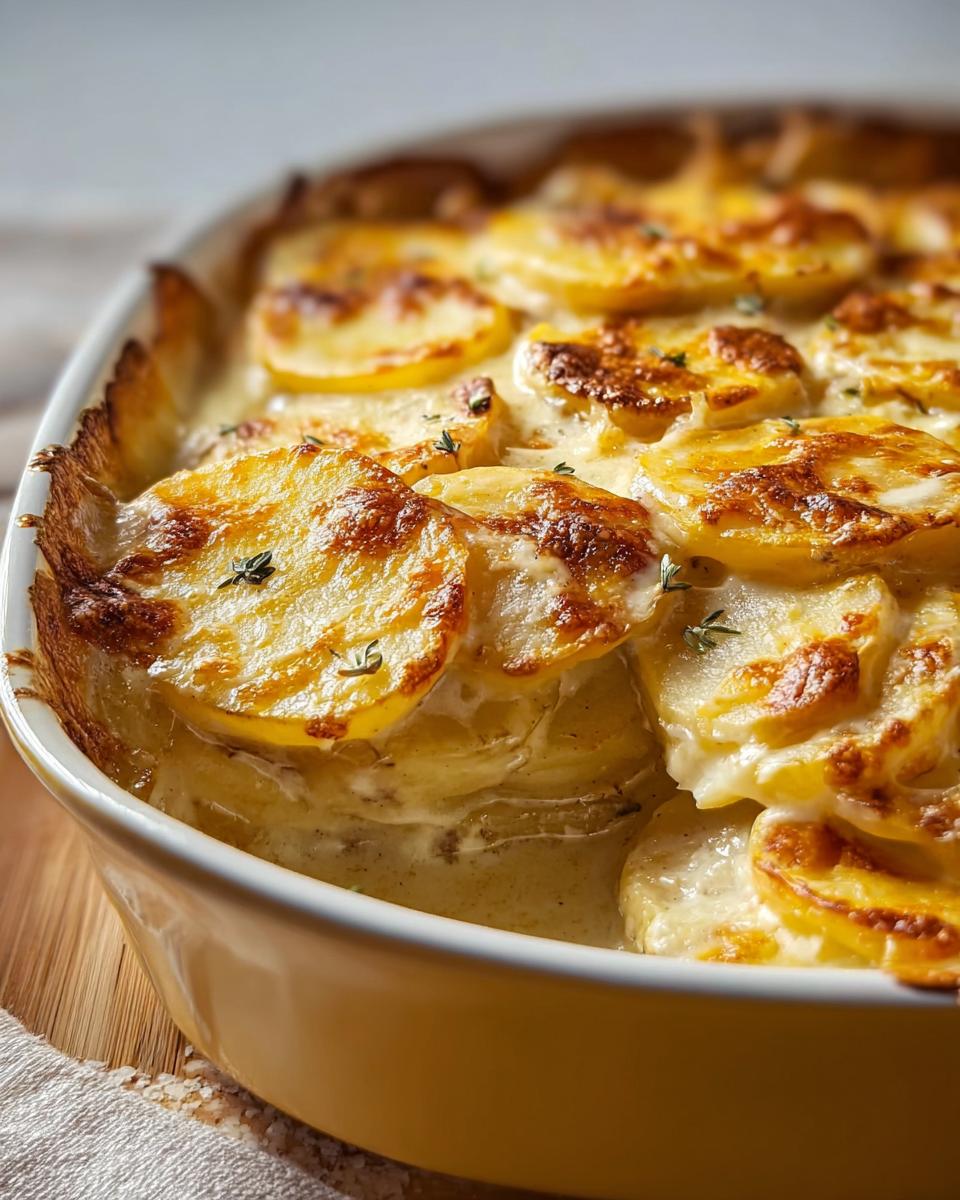 Close-up of classic Au Gratin Potatoes baked until golden brown and bubbly in a yellow casserole dish.