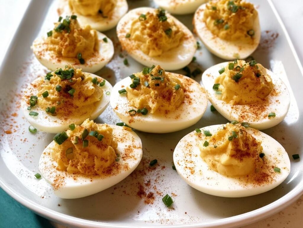 A close-up of several Classic Deviled Eggs topped with paprika and fresh chives on a white serving platter.