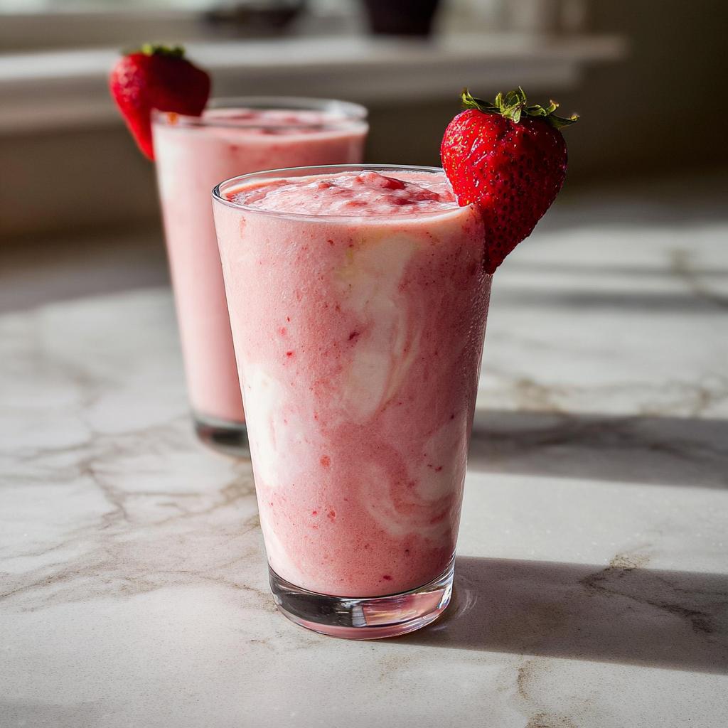 Close-up of a thick, swirled Strawberry Banana Smoothie garnished with a fresh strawberry.