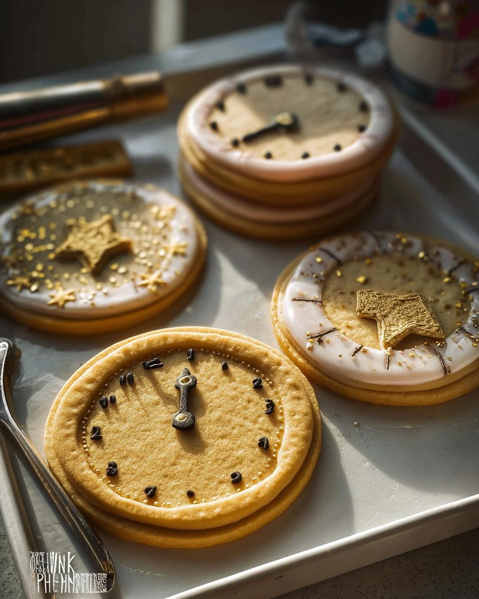 Close-up of several round sugar cookies decorated as Clock Face Countdown Cookies, showing black icing numbers and hands.