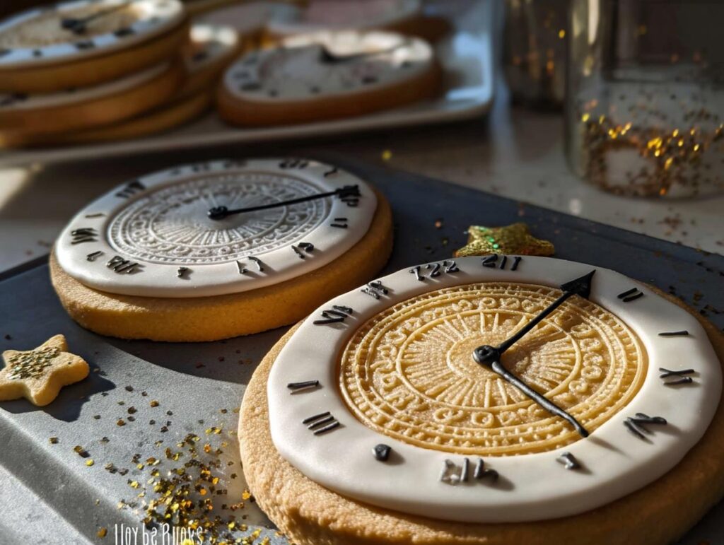 Two detailed Clock Face Countdown Cookies with black hands set against a tray scattered with gold glitter.