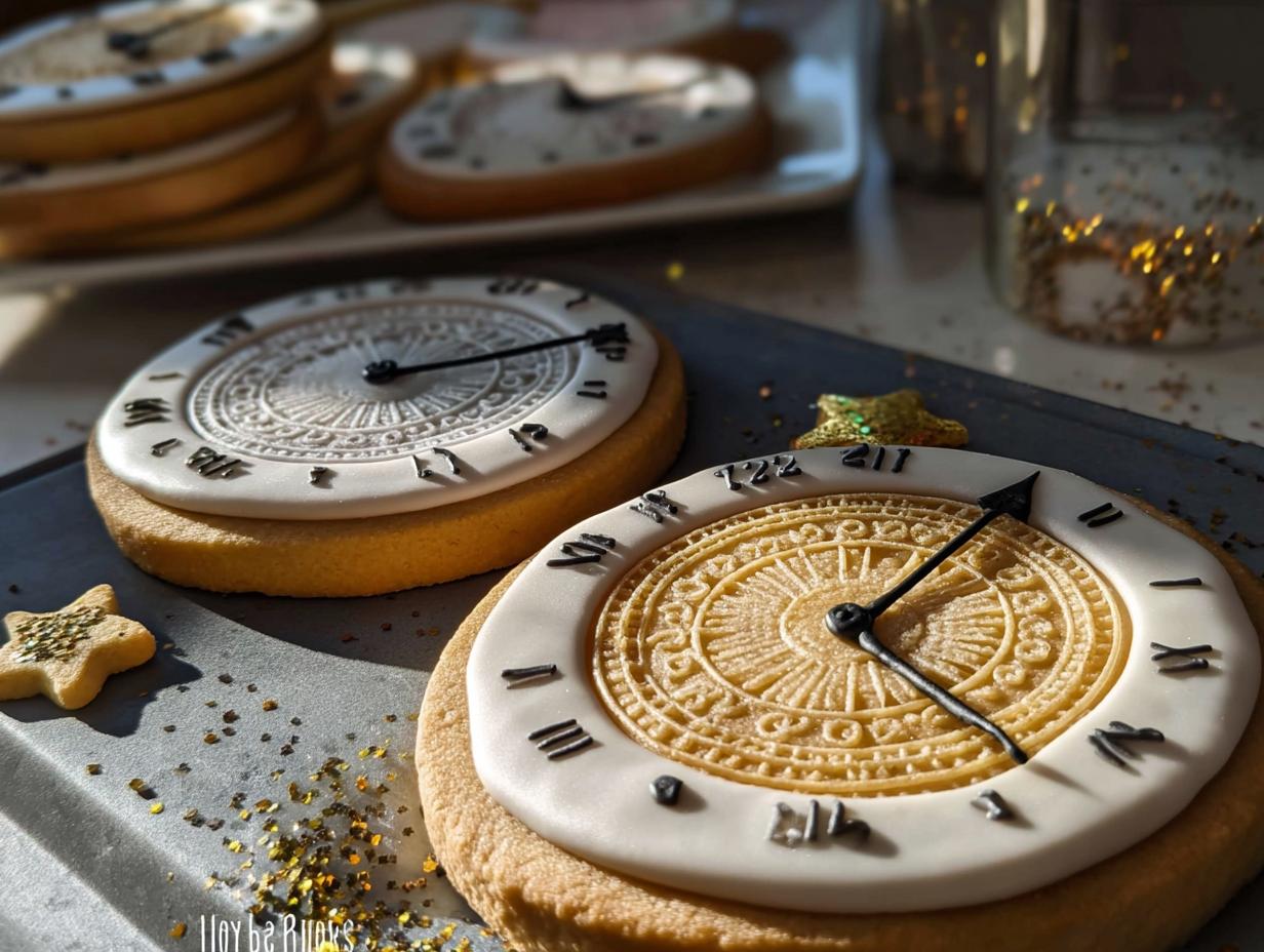Two detailed Clock Face Countdown Cookies with black hands set against a tray scattered with gold glitter.