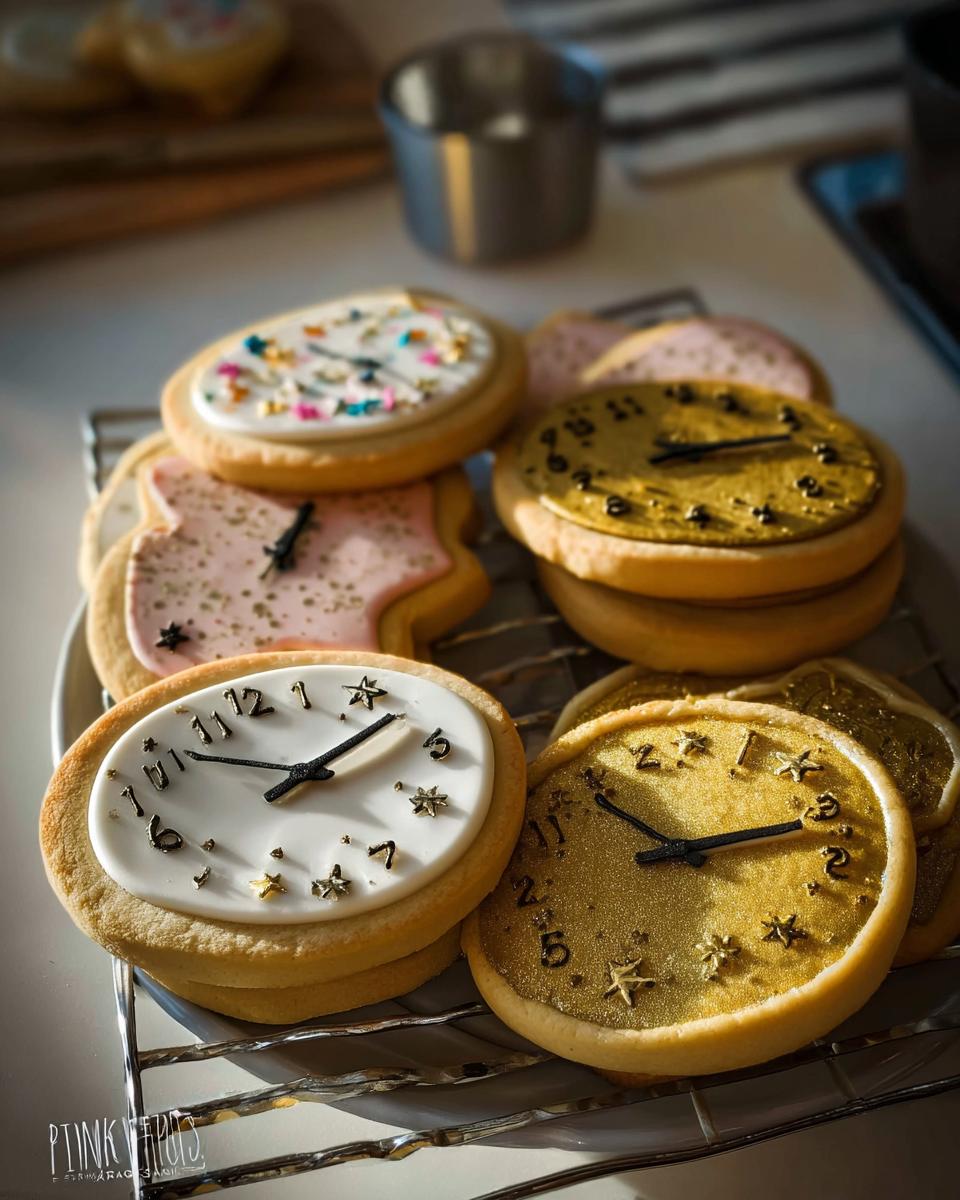 A close-up of several decorated Clock Face Countdown Cookies with white, gold, and pink icing resting on a cooling rack.
