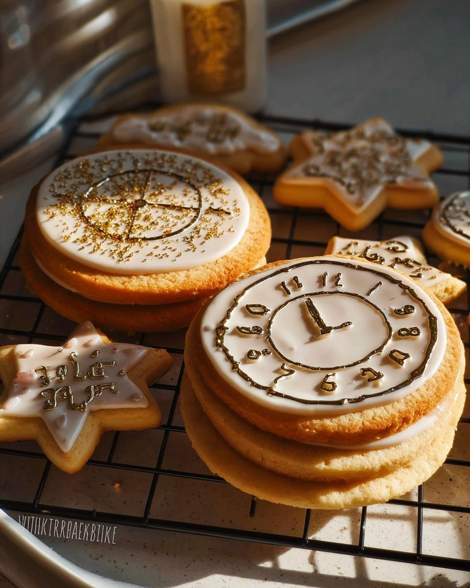 Close-up of decorated Clock Face Countdown Cookies with white icing and gold details cooling on a wire rack.