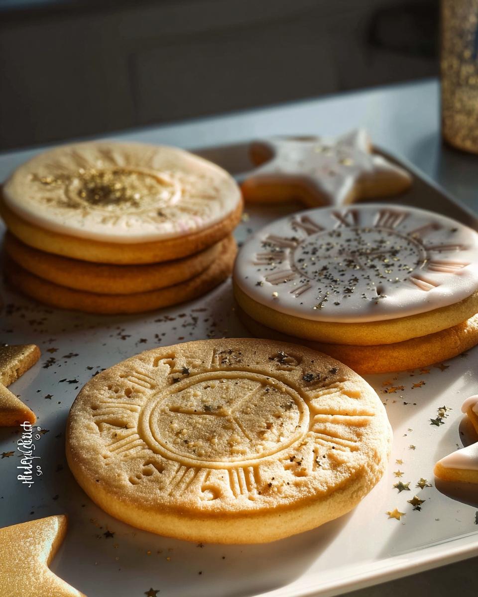 Close-up of baked Clock Face Countdown Cookies, some stamped and some iced with gold sprinkles.