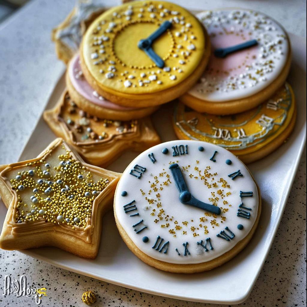Close-up of beautifully decorated Clock Face Countdown Cookies, featuring white icing, blue hands, and gold sprinkles.