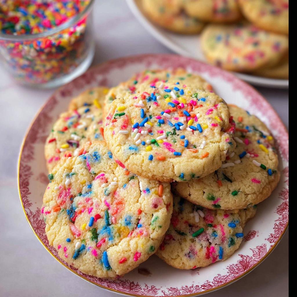 A stack of freshly baked Confetti Sprinkle Cookies loaded with colorful sprinkles on a decorative plate.