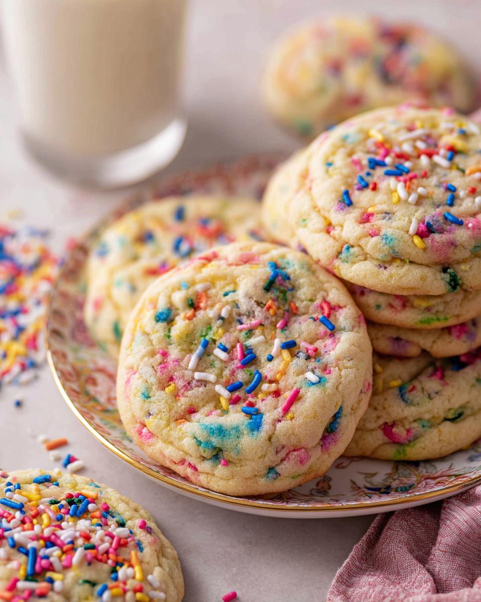 A stack of soft, chewy Confetti Sprinkle Cookies loaded with colorful sprinkles, served on a decorative plate next to a glass of milk.