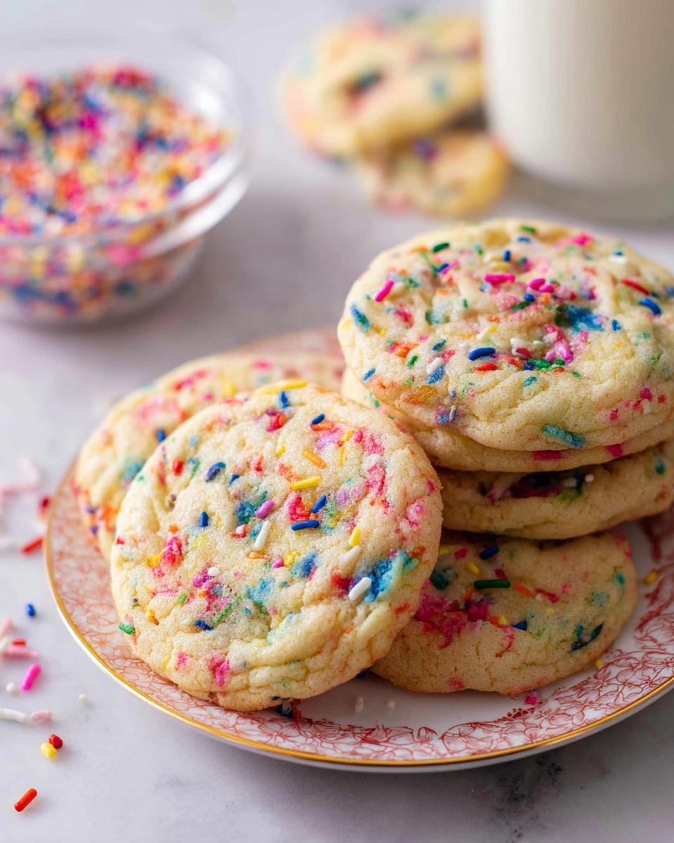 A stack of soft, chewy Confetti Sprinkle Cookies loaded with colorful jimmies, served on a decorative plate.