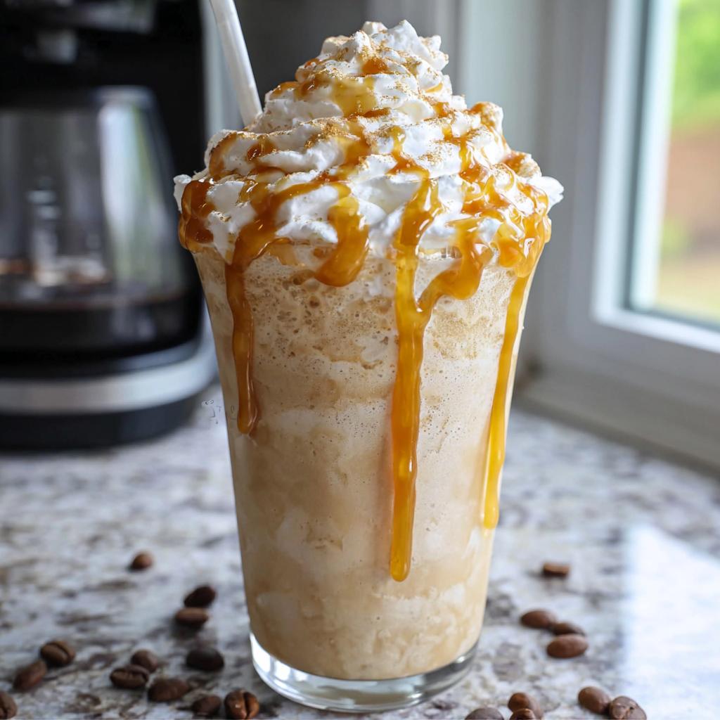 A tall glass filled with a blended Caramel Frappuccino (Copycat), topped high with whipped cream and drizzled generously with caramel sauce.