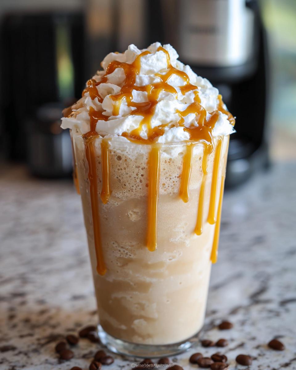 A tall glass filled with a blended Caramel Frappuccino (Copycat) topped high with whipped cream and drizzled generously with caramel sauce.