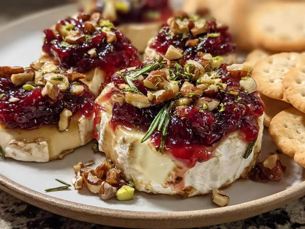 Four baked Cranberry Brie Bites topped with rich cranberry sauce, chopped pecans, pistachios, and fresh rosemary sprigs, served on a plate with crackers.