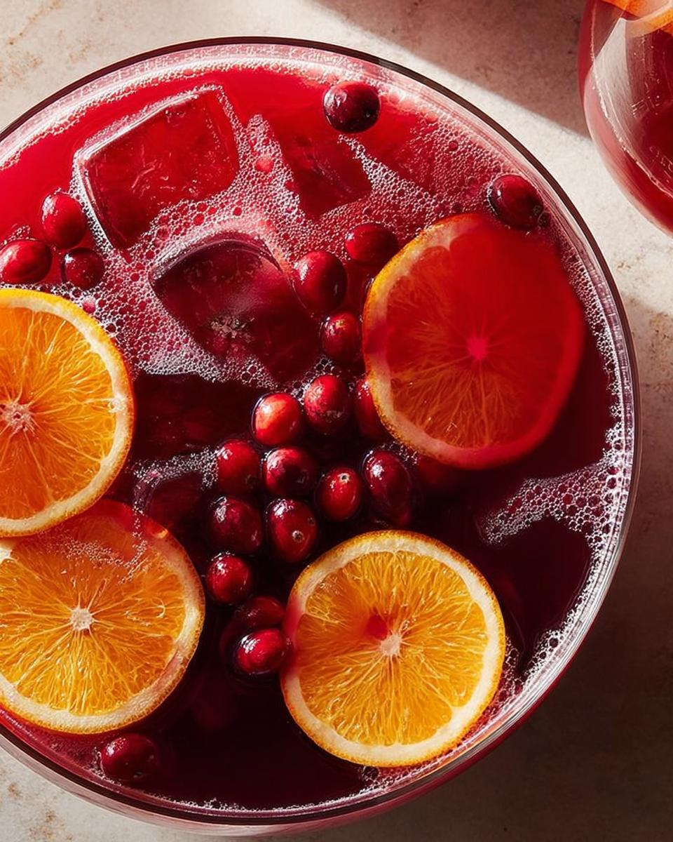 Close-up of a refreshing cranberry orange punch, a perfect 5-Ingredient Thanksgiving Drink, garnished with fresh cranberries and orange slices.