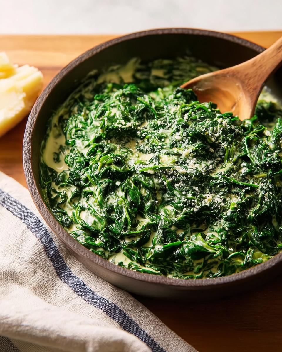 A close-up of rich, creamy steakhouse style Creamed Spinach topped with grated cheese, served in a dark bowl with a wooden spoon.
