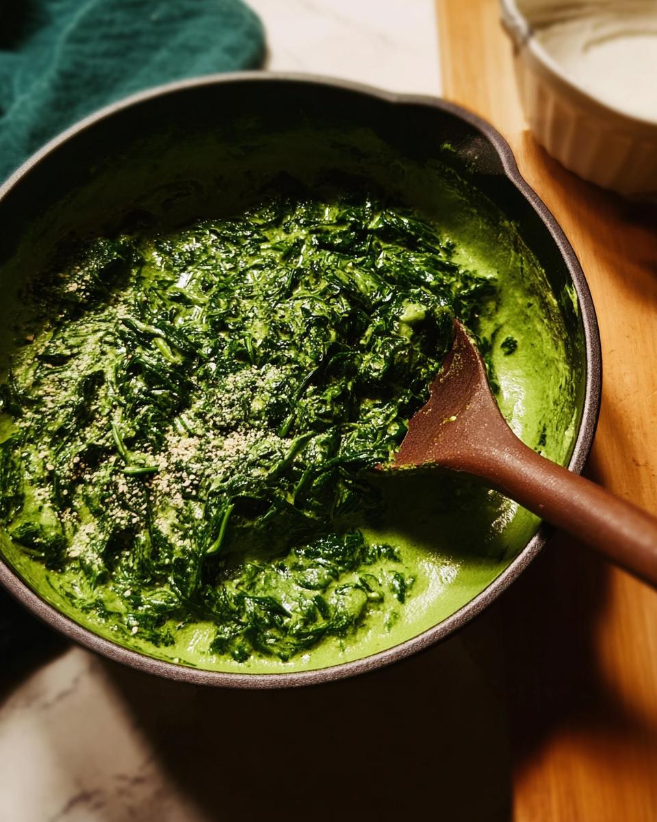 A dark skillet filled with rich, vibrant green Creamed Spinach (Steakhouse Style), topped with grated cheese.