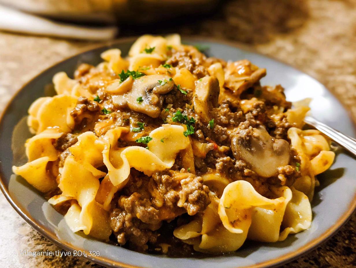 Close-up of a creamy ground beef and mushroom mixture served over wide egg noodles, not the Beef Enchilada Casserole.
