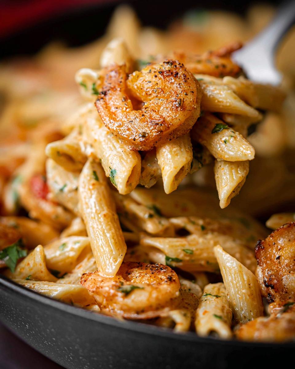 Close-up of creamy Cajun Shrimp Pasta featuring penne noodles and seasoned shrimp lifted on a fork.