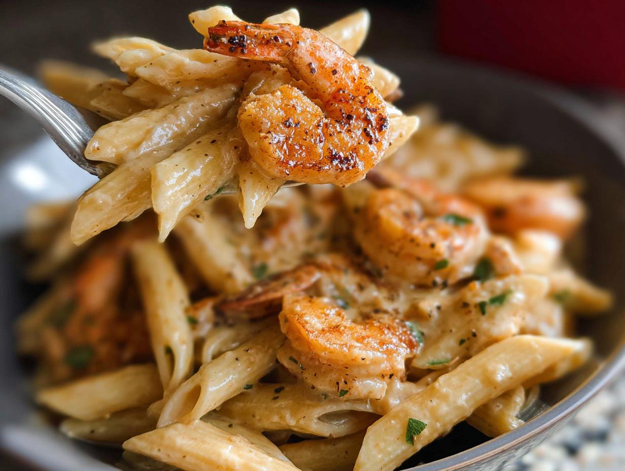 Close-up of a fork lifting creamy Cajun Shrimp Pasta, featuring seasoned shrimp and penne pasta coated in sauce.