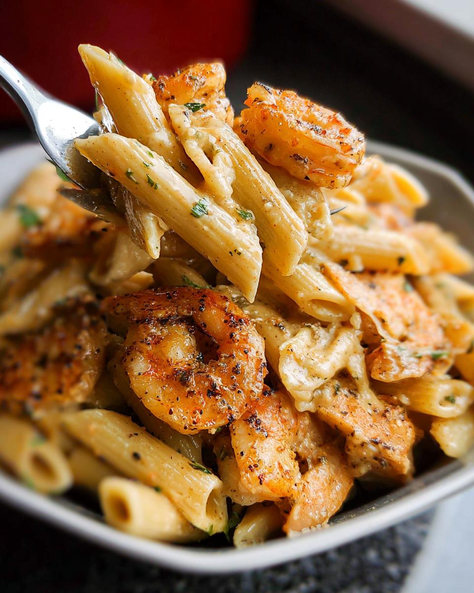 A fork lifting a bite of creamy Cajun Shrimp Pasta, showing seasoned shrimp and penne coated in sauce.