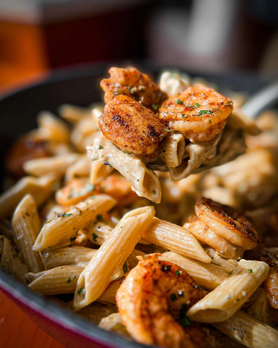A spoonful of creamy Cajun Shrimp Pasta featuring seasoned shrimp and penne pasta being lifted from a dish.
