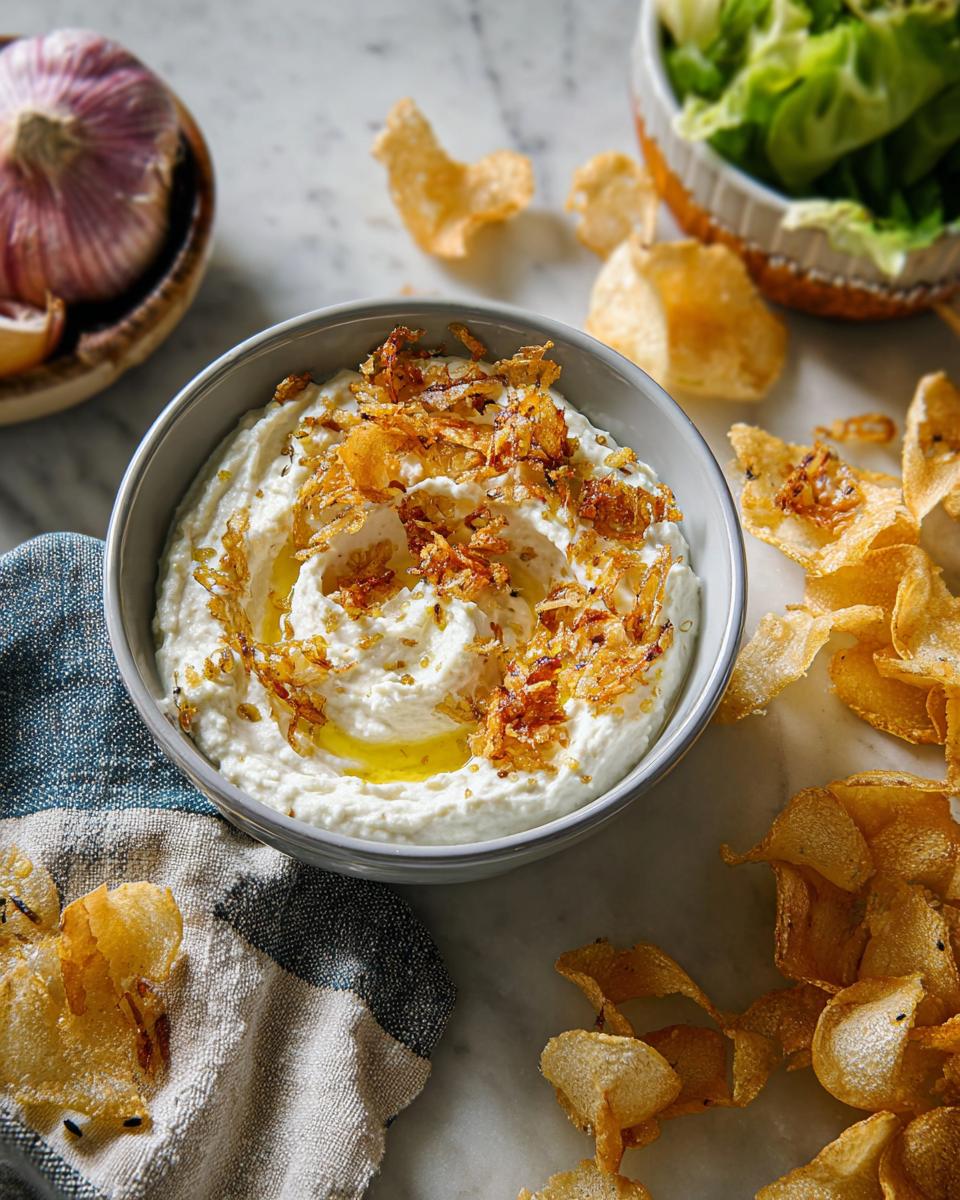 A bowl of creamy dip topped with crispy fried onions and drizzled with olive oil, served with potato chips. A Thanksgiving dessert.