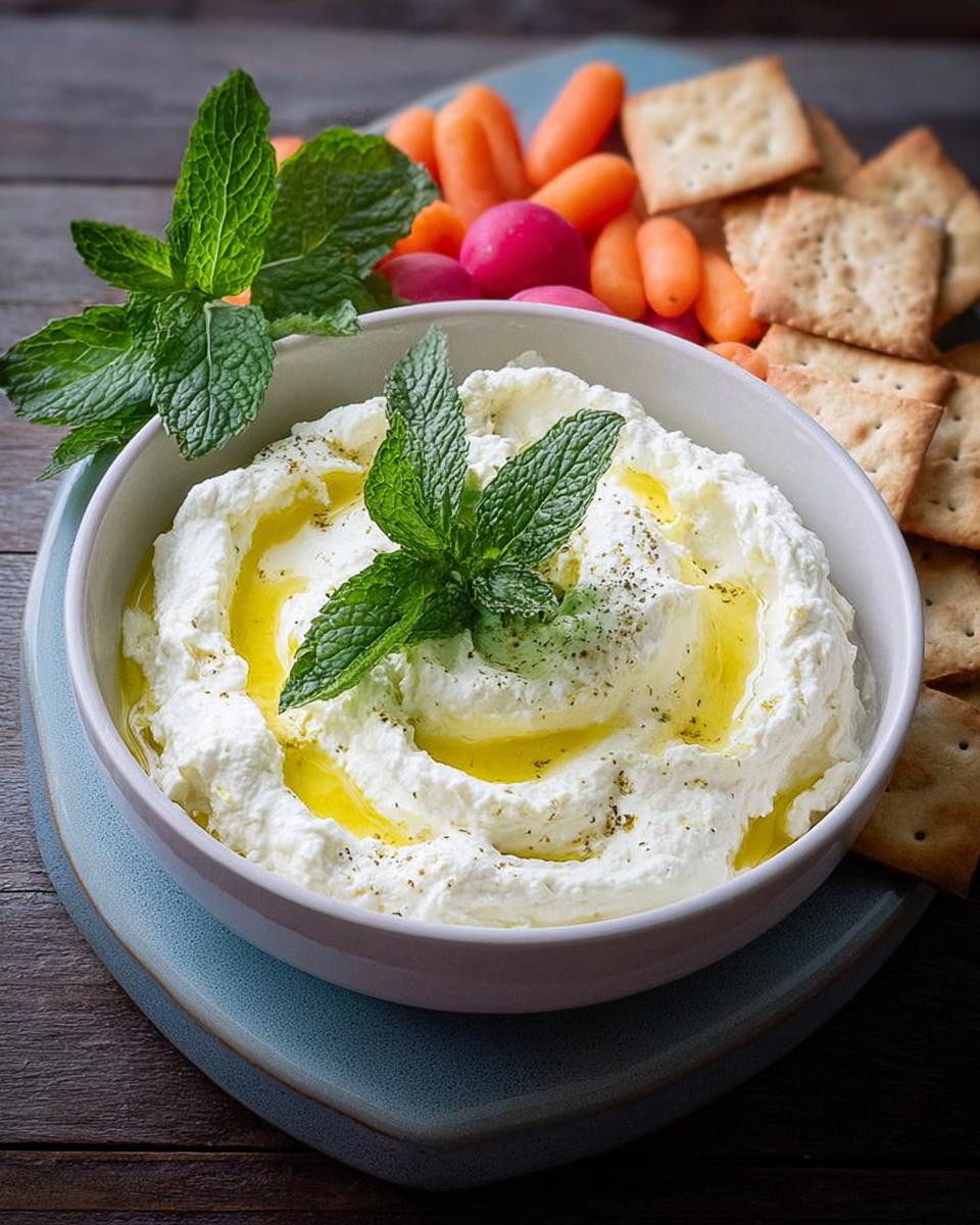 A bowl of creamy white dip drizzled with olive oil and topped with mint, served with crackers and vegetables for one of the 25 Best NYE Snacks for a Crowd.