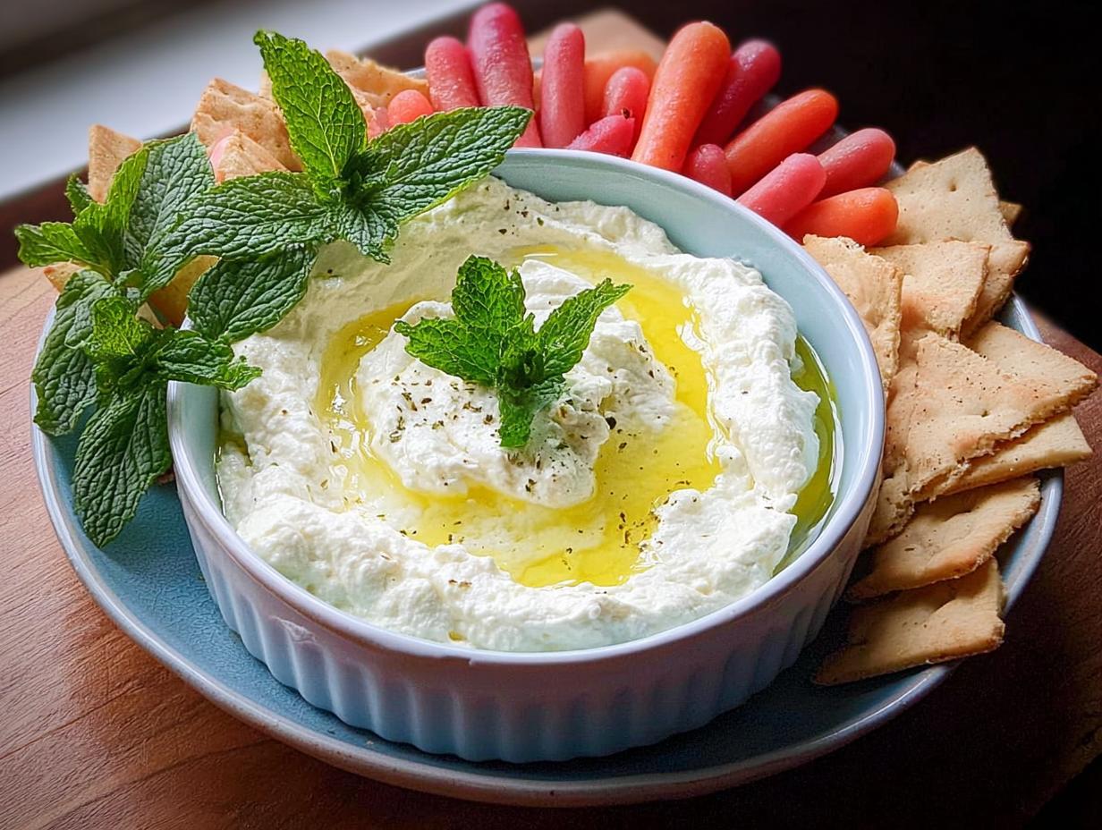 A bowl of creamy white dip topped with olive oil and mint, served with crackers and baby carrots, perfect for 25 Best NYE Snacks for a Crowd.